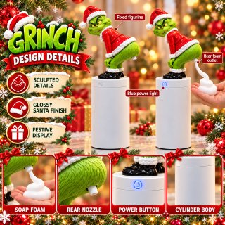 Grinch soap dispenser details: sculpted figure, rear foam outlet, blue power light and white base