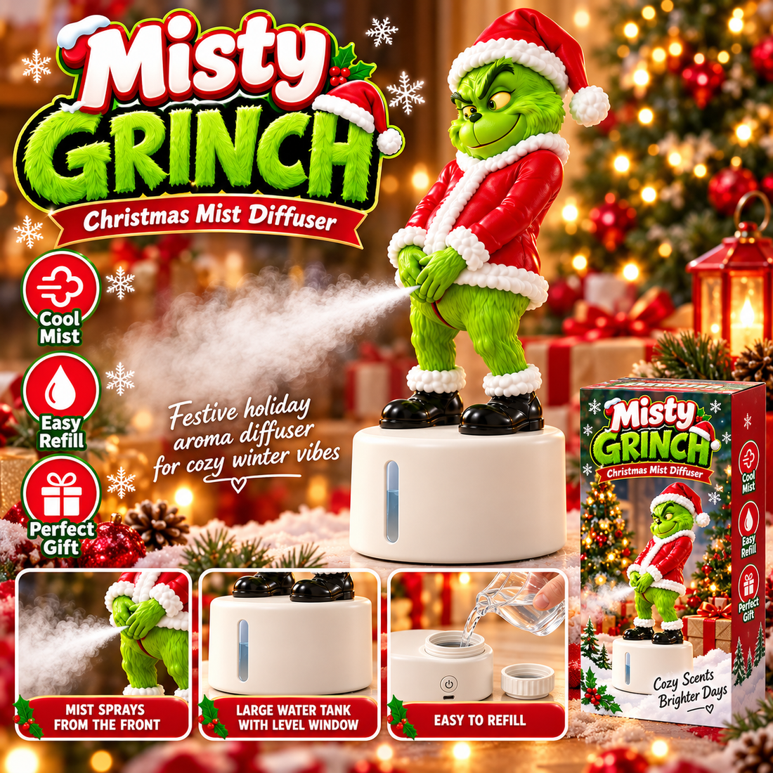 Misty Grinch cool-mist diffuser with festive Christmas design