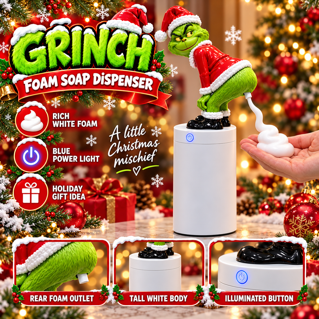 Grinch foam soap dispenser with festive Santa outfit